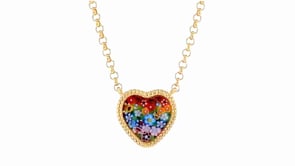 Italian Multicolored Murano Glass Mosaic Floral Heart Necklace in 18kt Gold Over Sterling