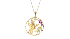 90 ct. t.w. Peridot and .60 ct. t.w. Rhodolite Garnet Hummingbird Pendant Necklace in 18kt Gold Over Sterling