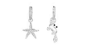 2.20 ct. t.w. White Topaz Starfish and Crab Mismatched Drop Earrings with Black Spinel Accents in Sterling Silver
