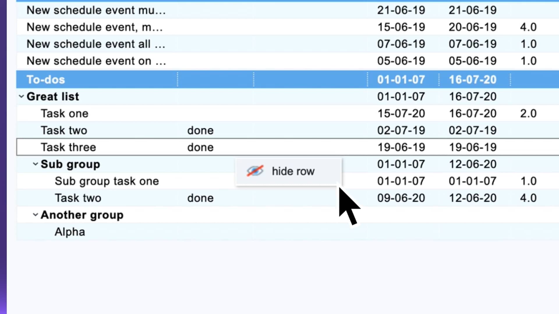 How to hide a row in the gantt chart ganttify in