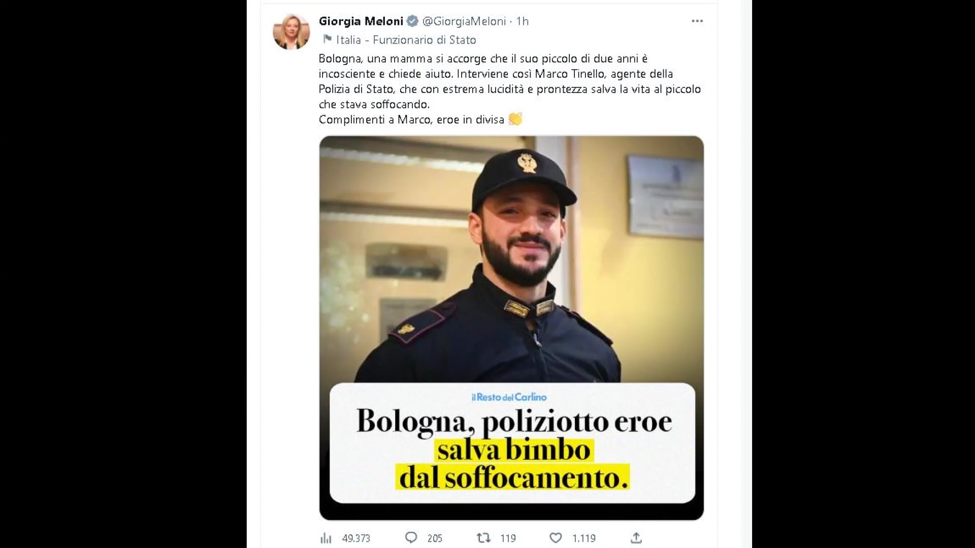 Il Premier Giorgia Meloni Si Complimenta Su Twitter Con Marco Tinello