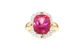 6.50 Carat Pink Topaz and .15 ct. t.w. Multicolored Diamond Ring in 18kt Gold Over Sterling