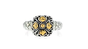 Sterling Silver Bali-Style Square-Top Floral Ring with 14kt Yellow Gold