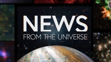 Title motif. In the center is white on-screen text reading “News from the Universe.” The text is against a dark background and placed just above a partial hemisphere of a planet resembling Jupiter. The planet has clouds and bands of orange and white. Several blurred astronomical images create a border along the left, right, and top edges of the frame.