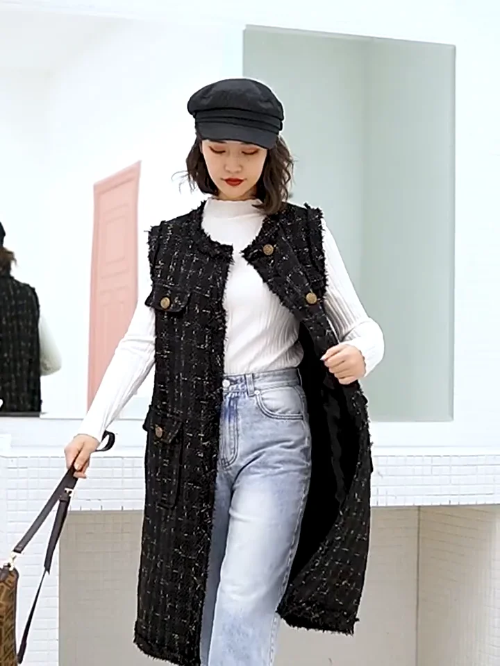 ANAYI - アナイ 22AW チェックツイードフリンジジレ ロングベスト 36 S 白 アナイ 22AW チェックツイードフリンジジレ ロングベスト 36 S