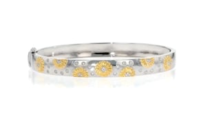 Diamond-Accented Sunflower Bangle Bracelet in Two-Tone Sterling Silver