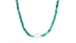 11.5-12.5mm Cultured Pearl and 4-5mm Turquoise Bead Necklace with 14kt Yellow Gold