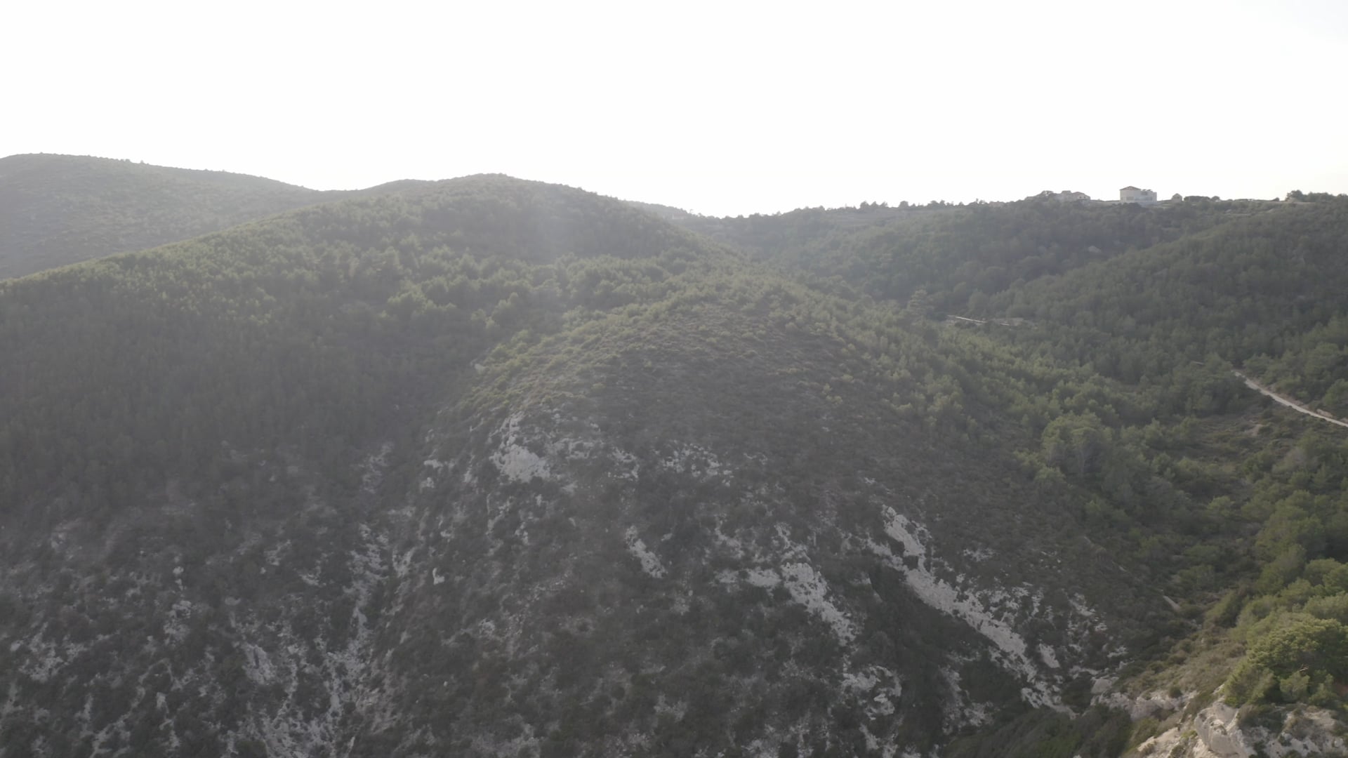 Small road through the forest on the top of the hill, house visible in the distance