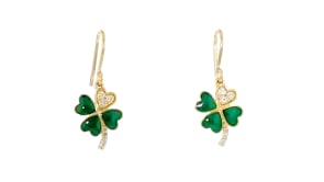 Green Enamel Four-Leaf Clover Drop Earrings with .10 ct. t.w. Diamonds in 18kt Gold Over Sterling