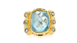 13.00 Carat Aquamarine and .70 ct. t.w. Sky Blue Topaz Ring in 18kt Gold Over Sterling