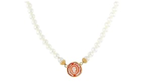 Italian Cultured Pearl and Orange Shell  Cameo Choker Necklace in 18kt Gold Over Sterling