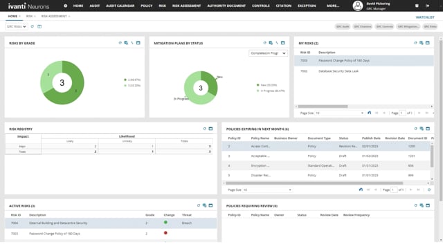 Ivanti Neurons for GRC provides a simple way to unify your GRC management so all authority documents, citations, controls, and risks are tracked in a single system. It's compliance, automated.