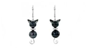 7.5-9mm Black Cultured Pearl Cat Drop Earrings in Sterling Silver