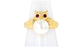 9-9.5mm Cultured Pearl Owl Ring with Garnet Accents in 18kt Gold Over Sterling