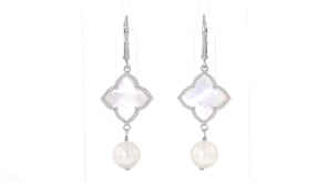 8.5-9mm Cultured Pearl and 15mm Mother-of-Pearl Drop Earrings in Sterling Silver