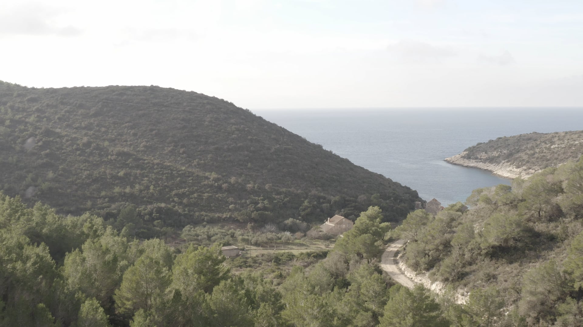 Road in the forest, small bay visible in the distance, approaching small house in the field