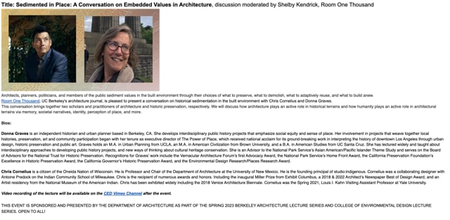 ARCH Lecture: Sedimented in Place: A Conversation on Embedded Values in Architecture