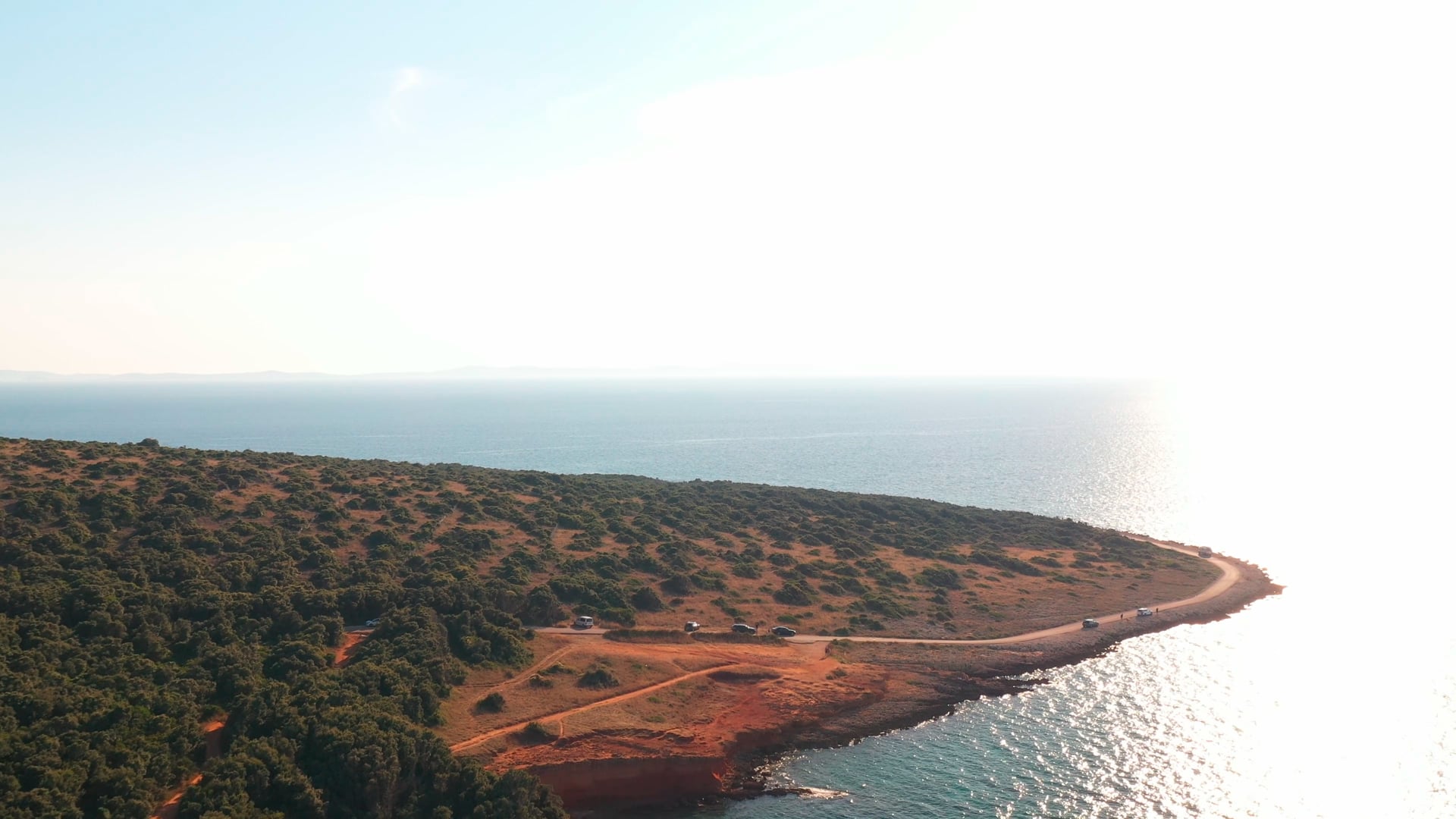 Forest on the island, sun shining, few cars on the road
