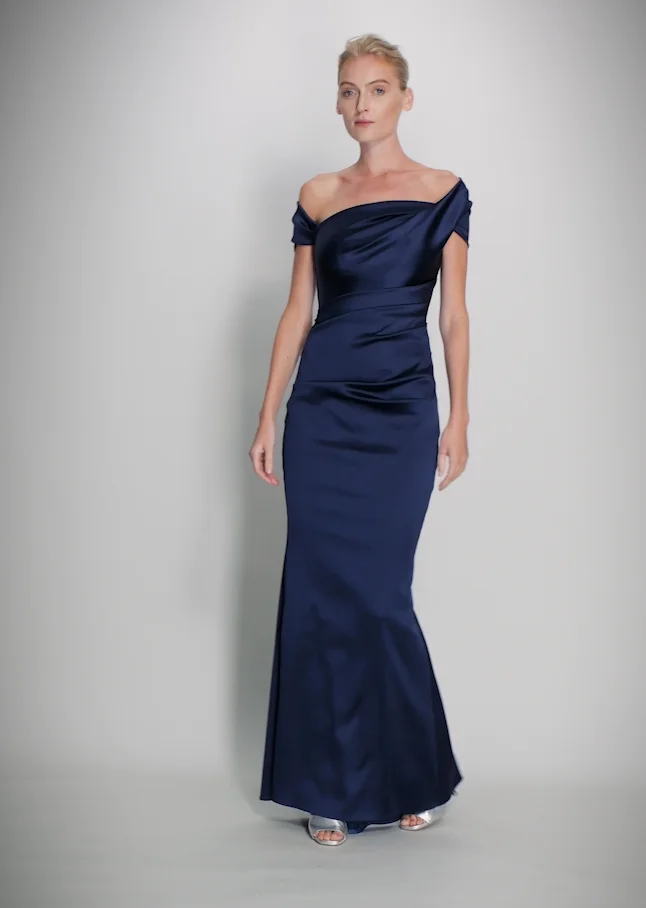 talbot runhof stretch satin dress Talbot Runhof Stretch Satin Off-the-Shoulder Gown