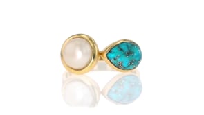 7.5-8mm Cultured Pearl and Turquoise Ring in 18kt Gold Over Sterling