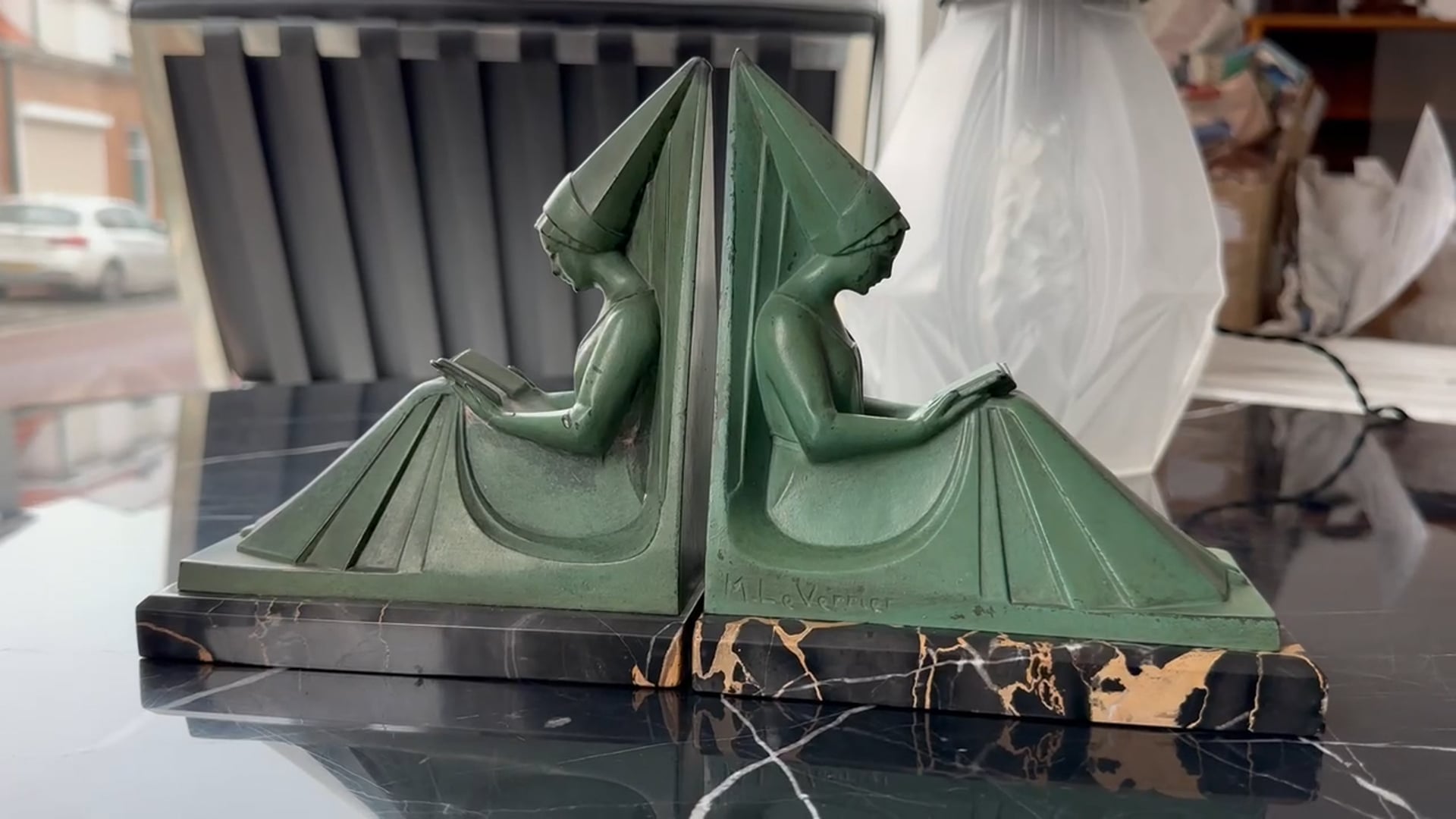 Original Max Le Verrier 1920s French Art Deco Bookends Reading