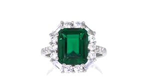 5.00 Carat Simulated Emerald Ring with 1.30 ct. t.w. CZs in Sterling Silver