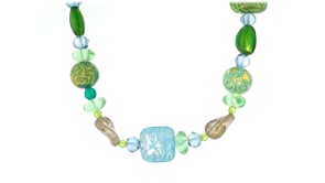 Italian Blue and Green Patterned Murano Glass Bead Necklace with 18kt Gold Over Sterling