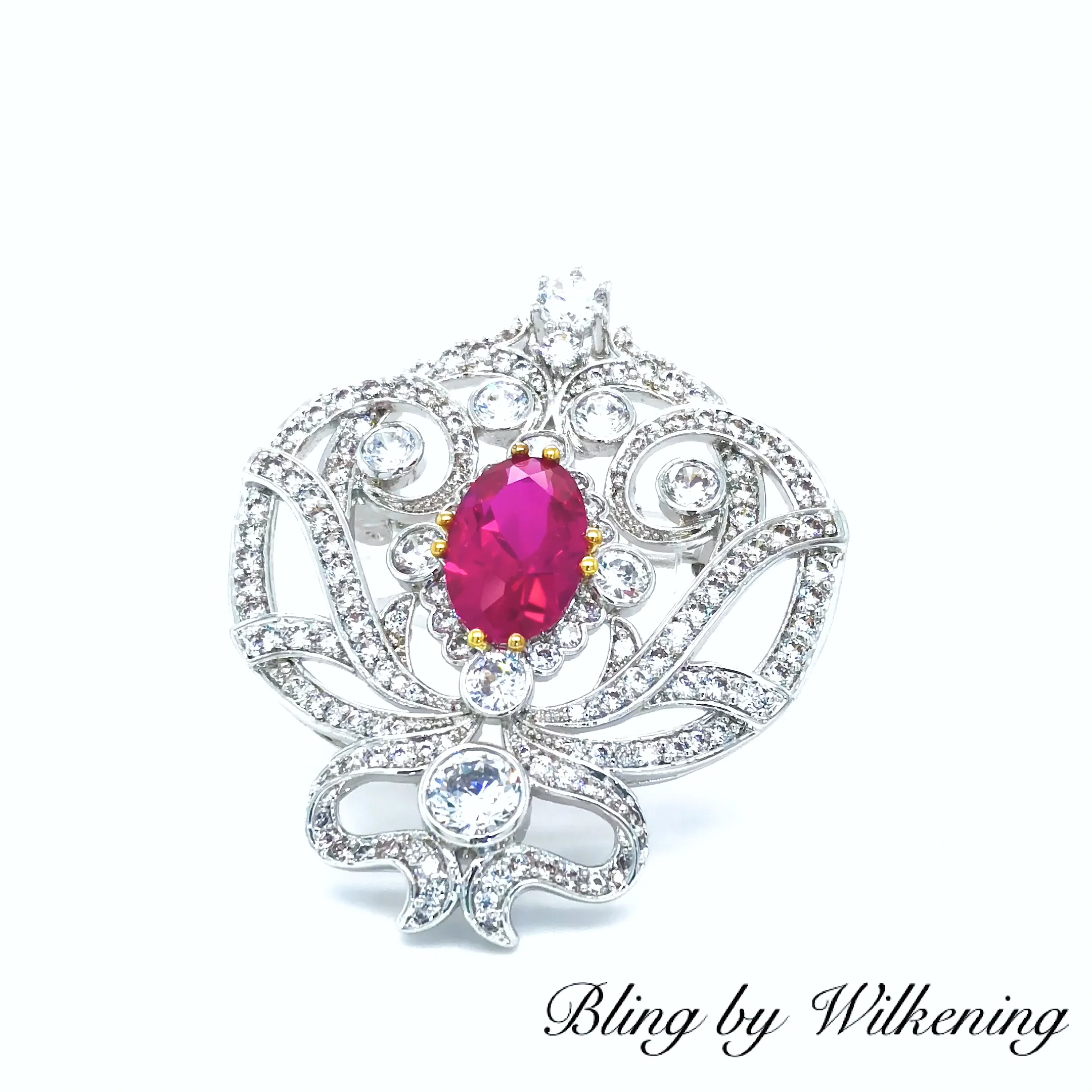 Silver Ornate Regal Brooch with Ruby Red Center Stone and 18 KGP