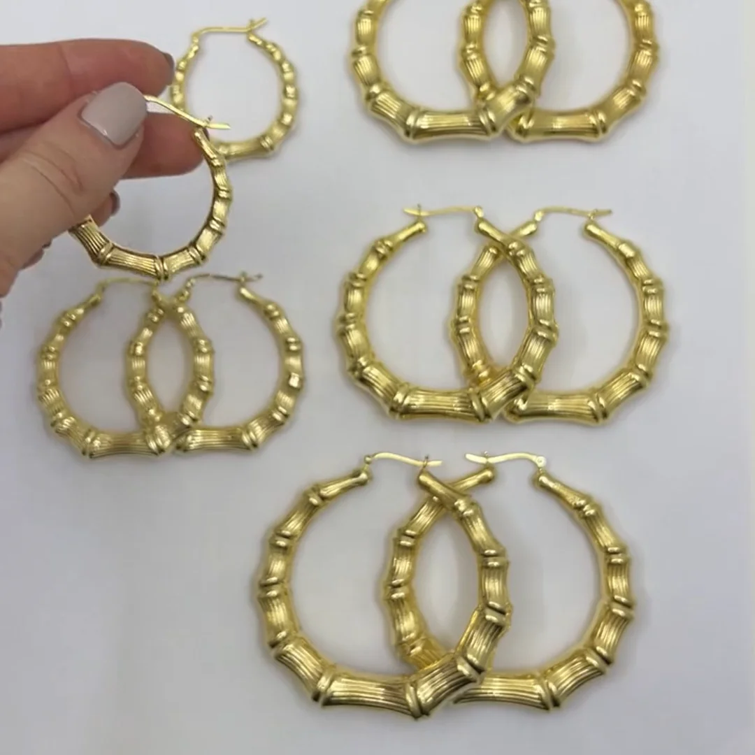 アクセサリー Silver 925 Bamboo Pierced Earrings Gold 18K Yellow Gold Over Sterling Silver Hoop Bamboo Earrings 35mm-70mm