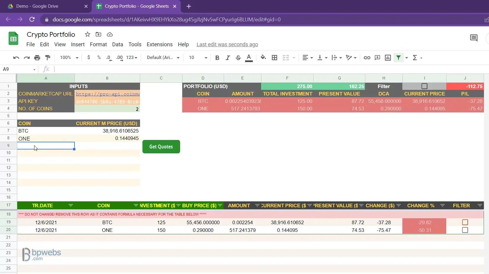 Crypto Portfolio Tracker in Google Sheets - Demo