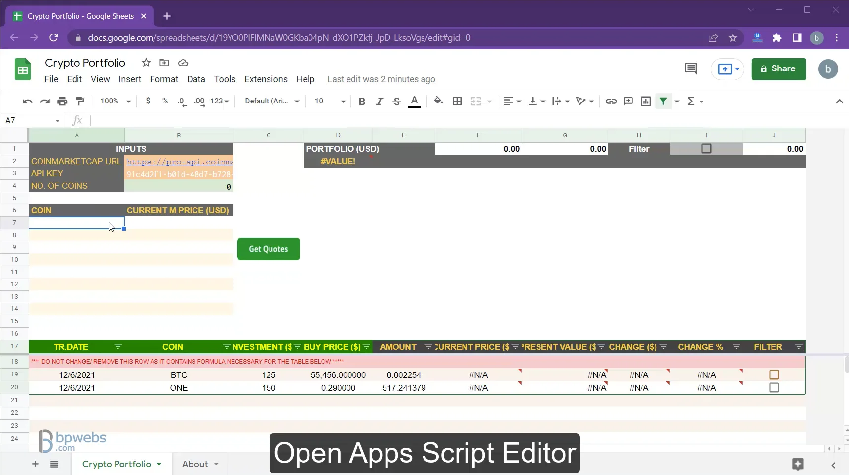 Crypto Portfolio Tracker in Google Sheets - Demo
