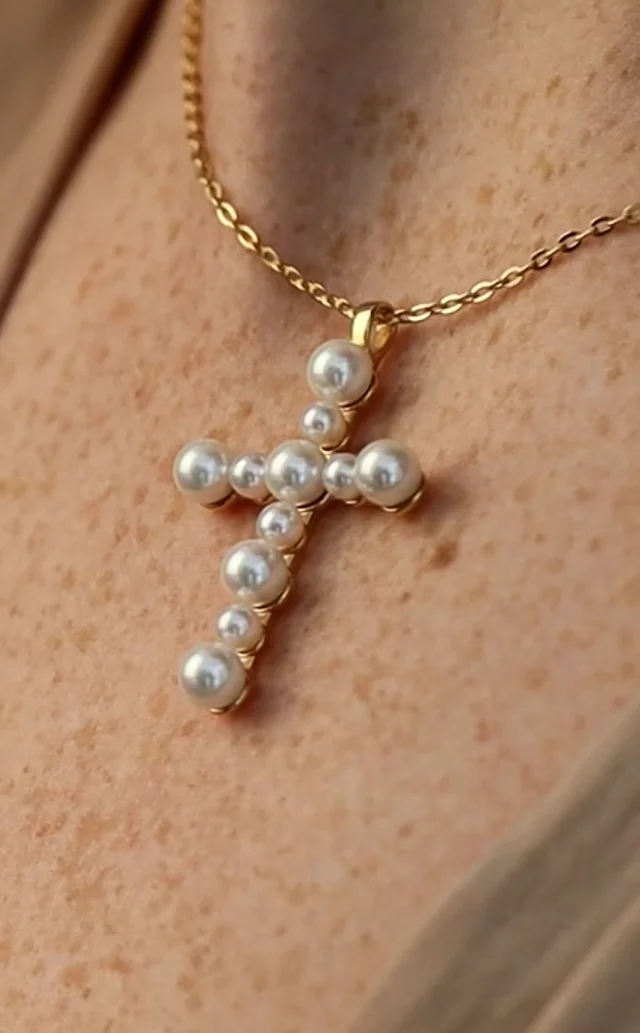 Gold pearl hot sale cross necklace