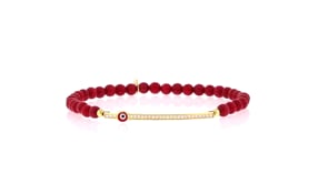 4mm Simulated Red Coral Bead and .10 ct. t.w. CZ Evil Eye Stretch Bracelet with Enamel in 18kt Gold Over Sterling