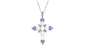 Ethiopian Opal and 1.90 ct. t.w. Tanzanite Cross Pendant Necklace in Sterling Silver