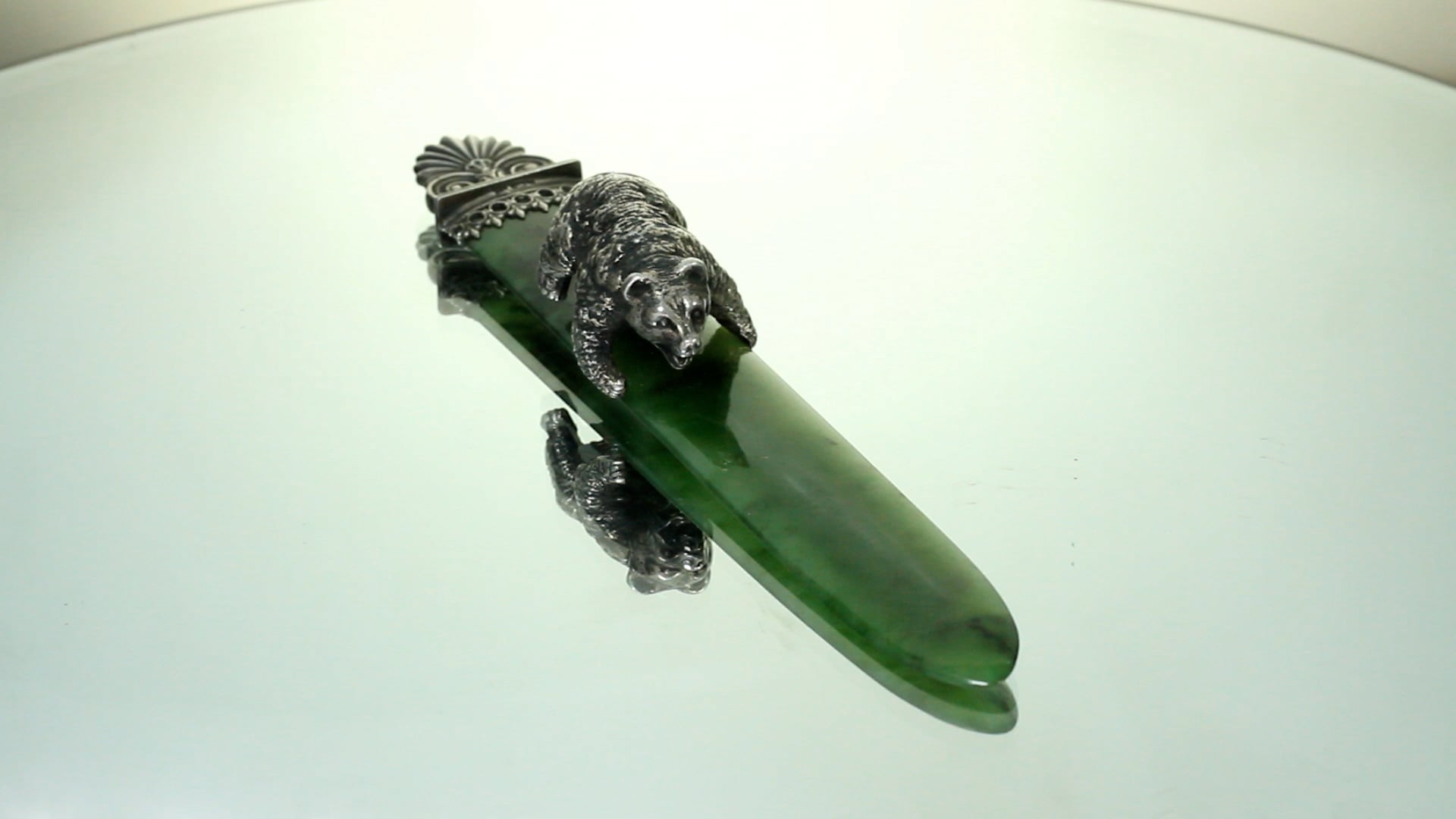 Antique Russian Imperial Nephrite Sterling Silver Bear Letter