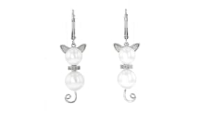 7.5-9mm Cultured Pearl and Diamond-Accented Cat Drop Earrings in Sterling Silver