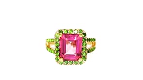 1.10 Carat Pink Topaz and 1.00 ct. t.w. Green Chrome Diopside Ring in 18kt Gold Over Sterling