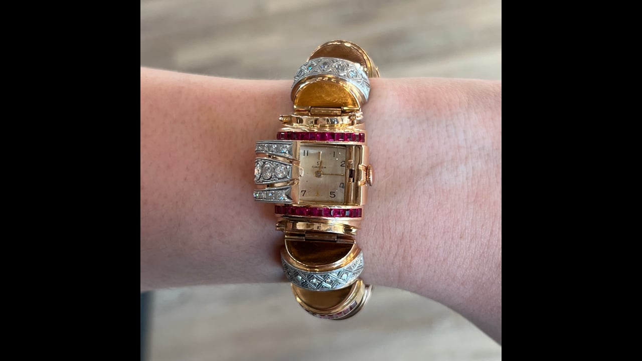 Retro Omega Diamond & Ruby Watch Bracelet in 18k Rose Gold 