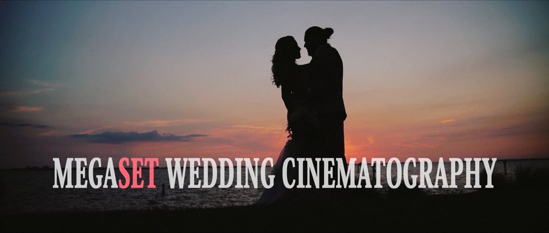 Bride and groom kissing at sunset
