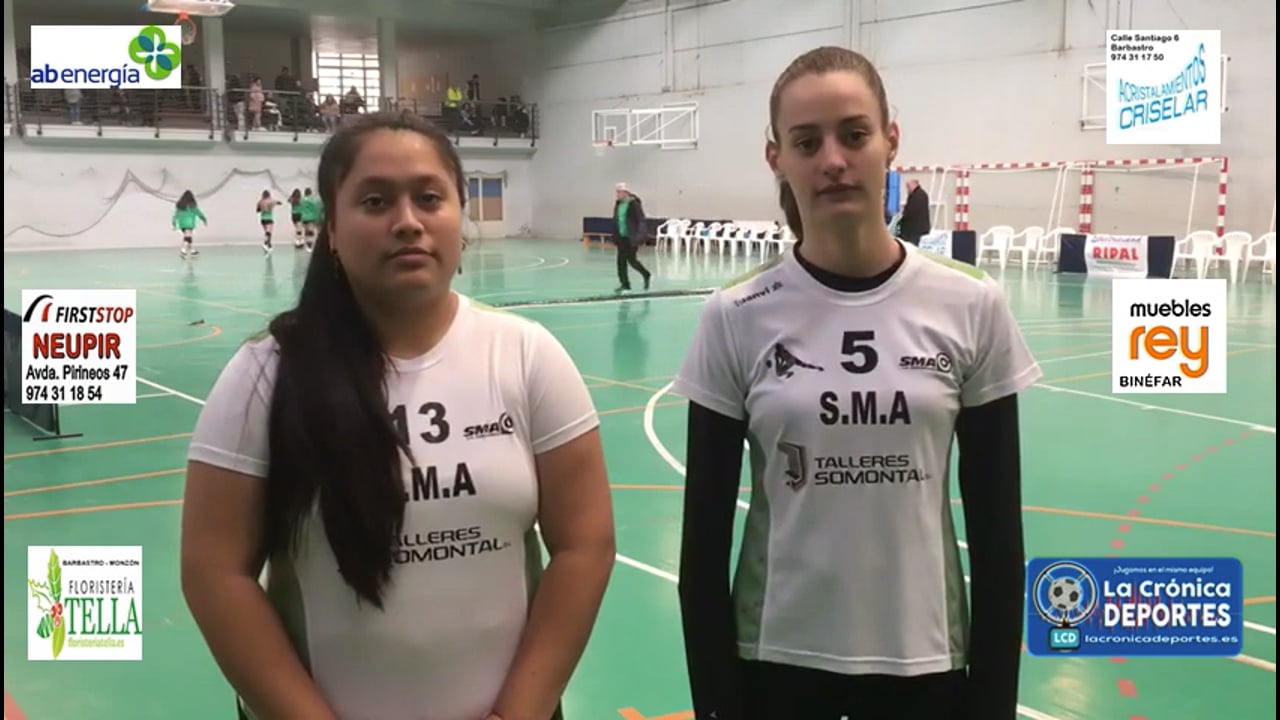 IXEIA y ADRIANA  (Jugadoras Equipo Voleibol Femenino SMA Barbastro) Cómoda victoria en la jornada 14 de la 2ª División juvenil aragonesa para las jugadoras de la SMA por 3-0. En el enfrentamiento contra el Stadium Casasblanca