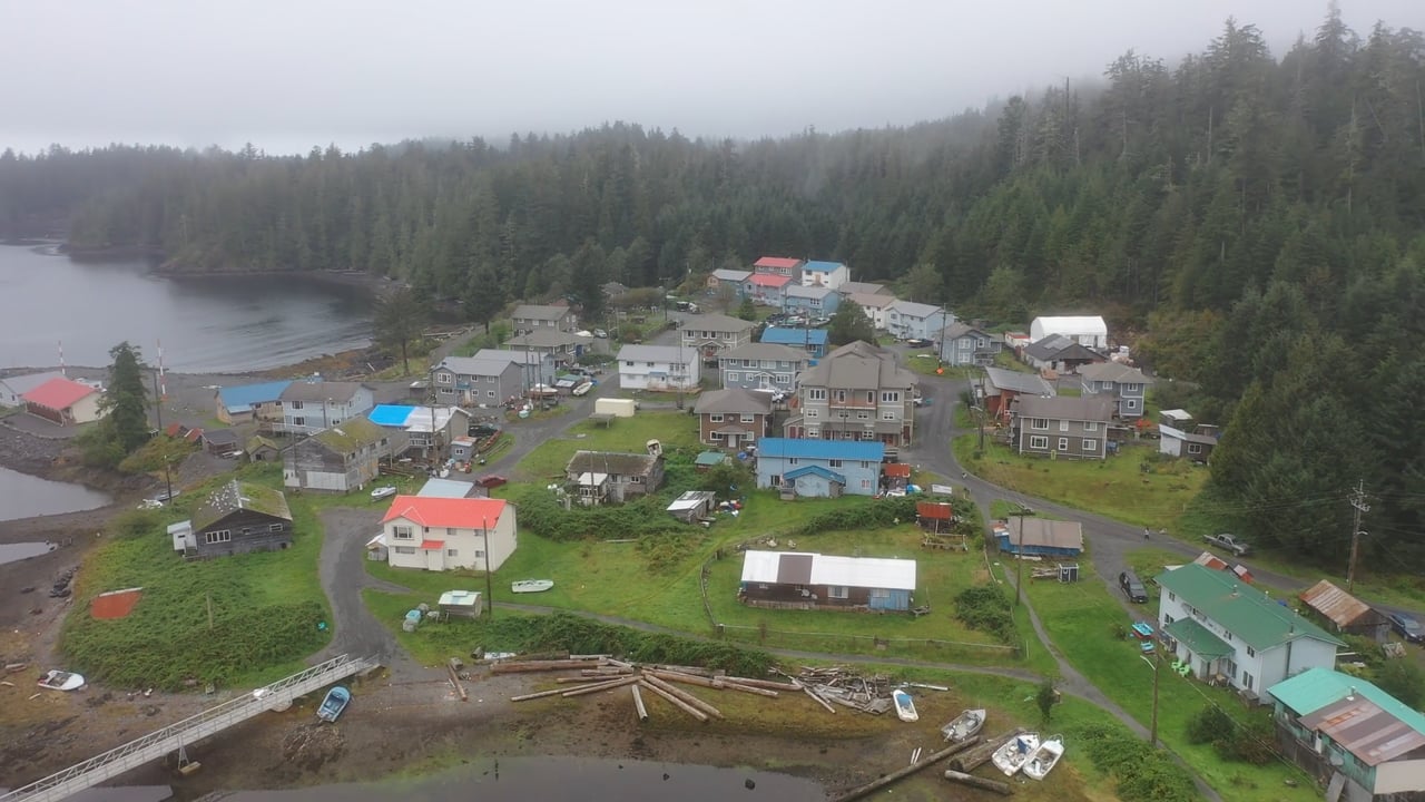 Aerial Footage of Houpsitas Village, Kyuquot Solar Plant and Generators, Fair Harbour, and Easy Inlet