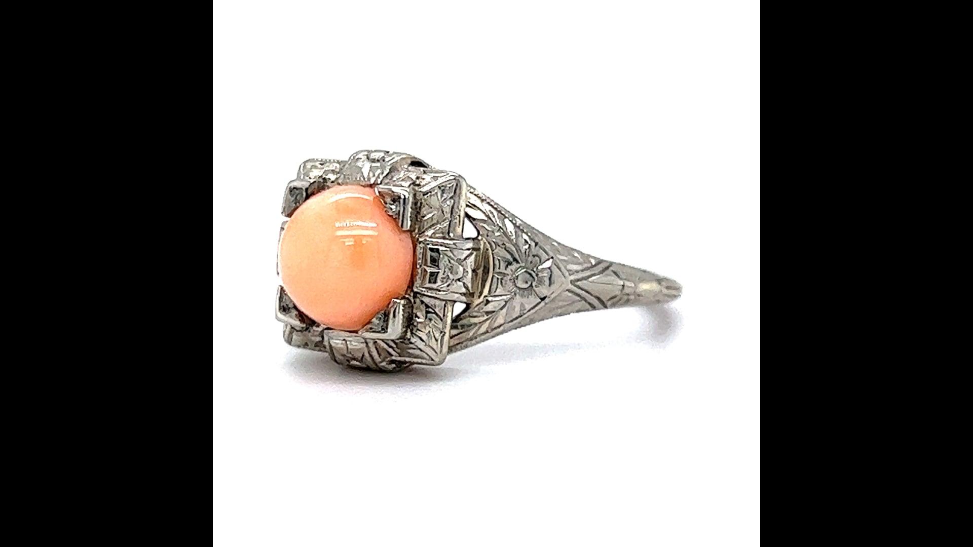 Antique Art Deco Cabochon Cut Coral Cocktail Ring in 18k