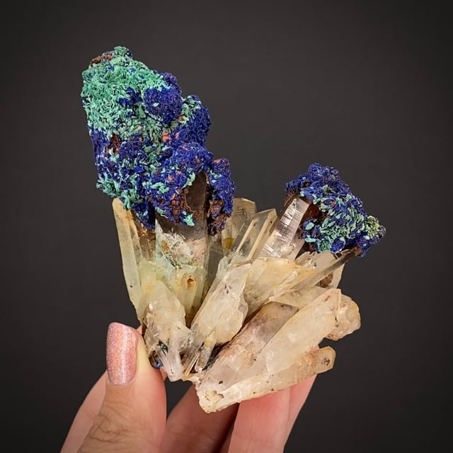 Azurite, with Malachite and Goethite, on Quartz - HEF23-06