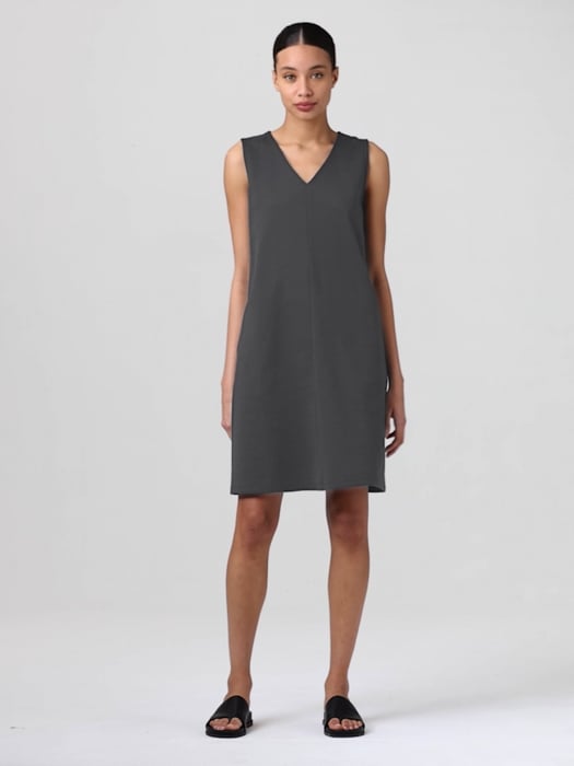 Cotton Blend Ponte V-Neck Dress | EILEEN FISHER