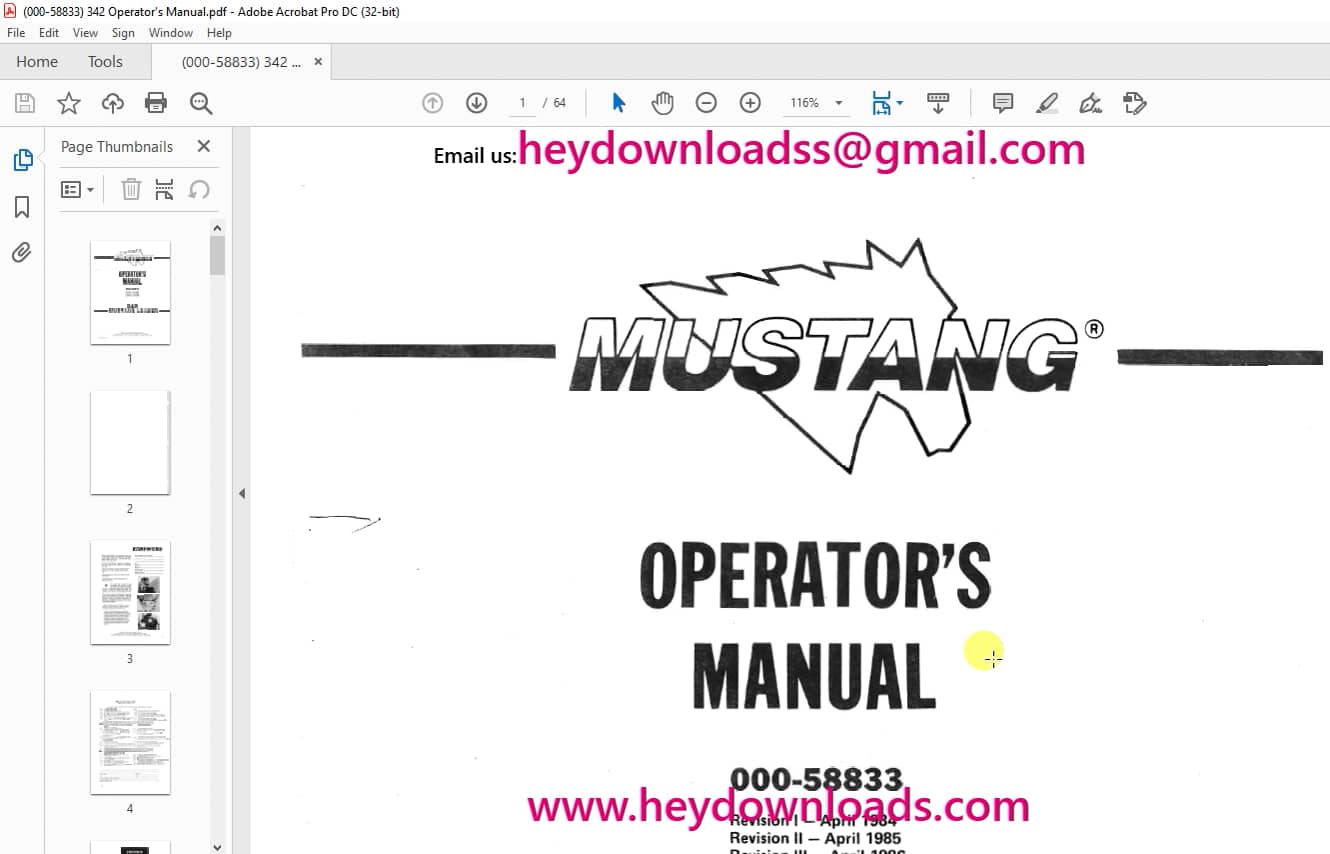 Mustang 342 SkidSteer Loader Operator’s Manual 00058833 PDF