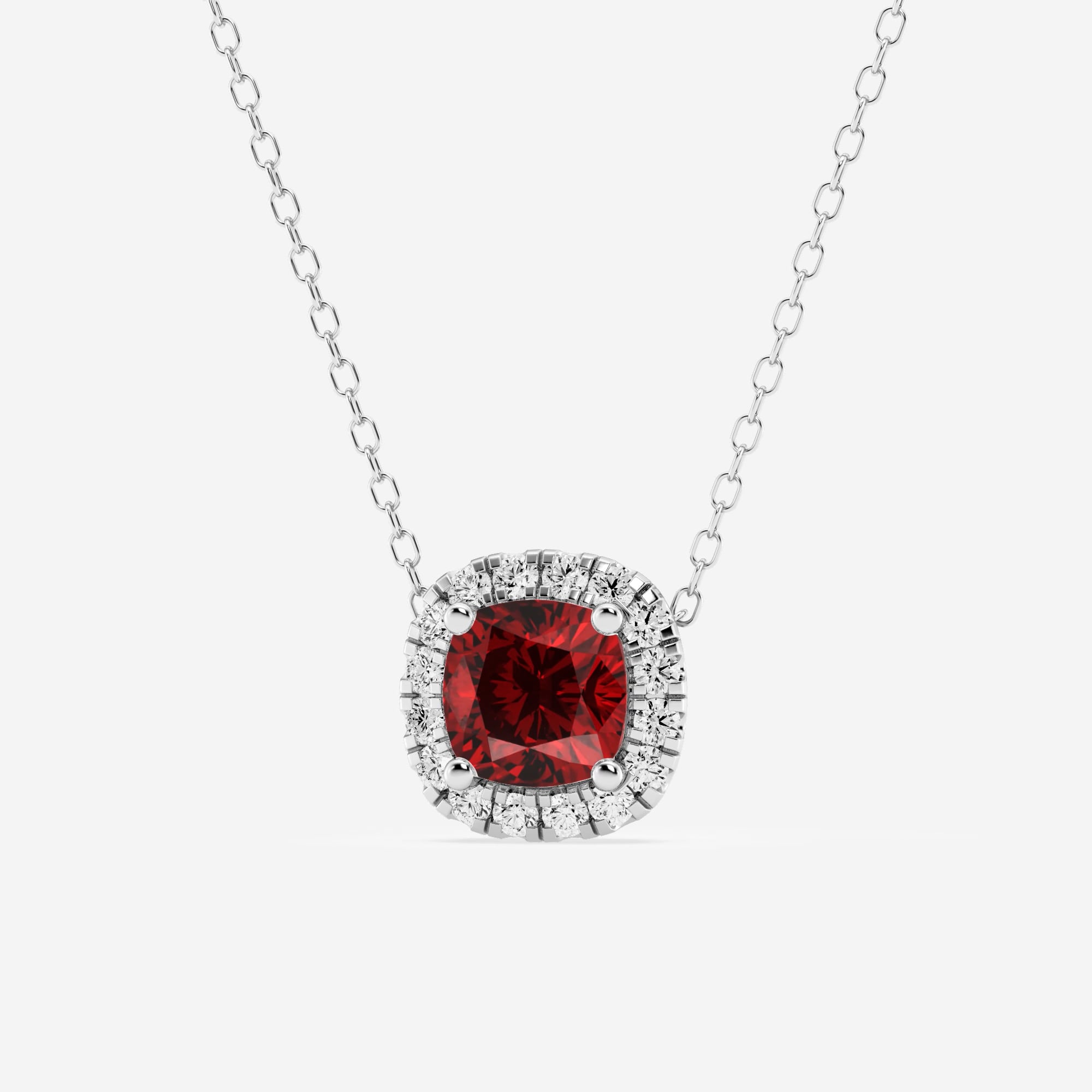 product video for 5.7x5.5 mm Cushion Cut Created Ruby and 1/5 ctw Round Lab Grown Diamond Halo Pendant with Adjustable Chain