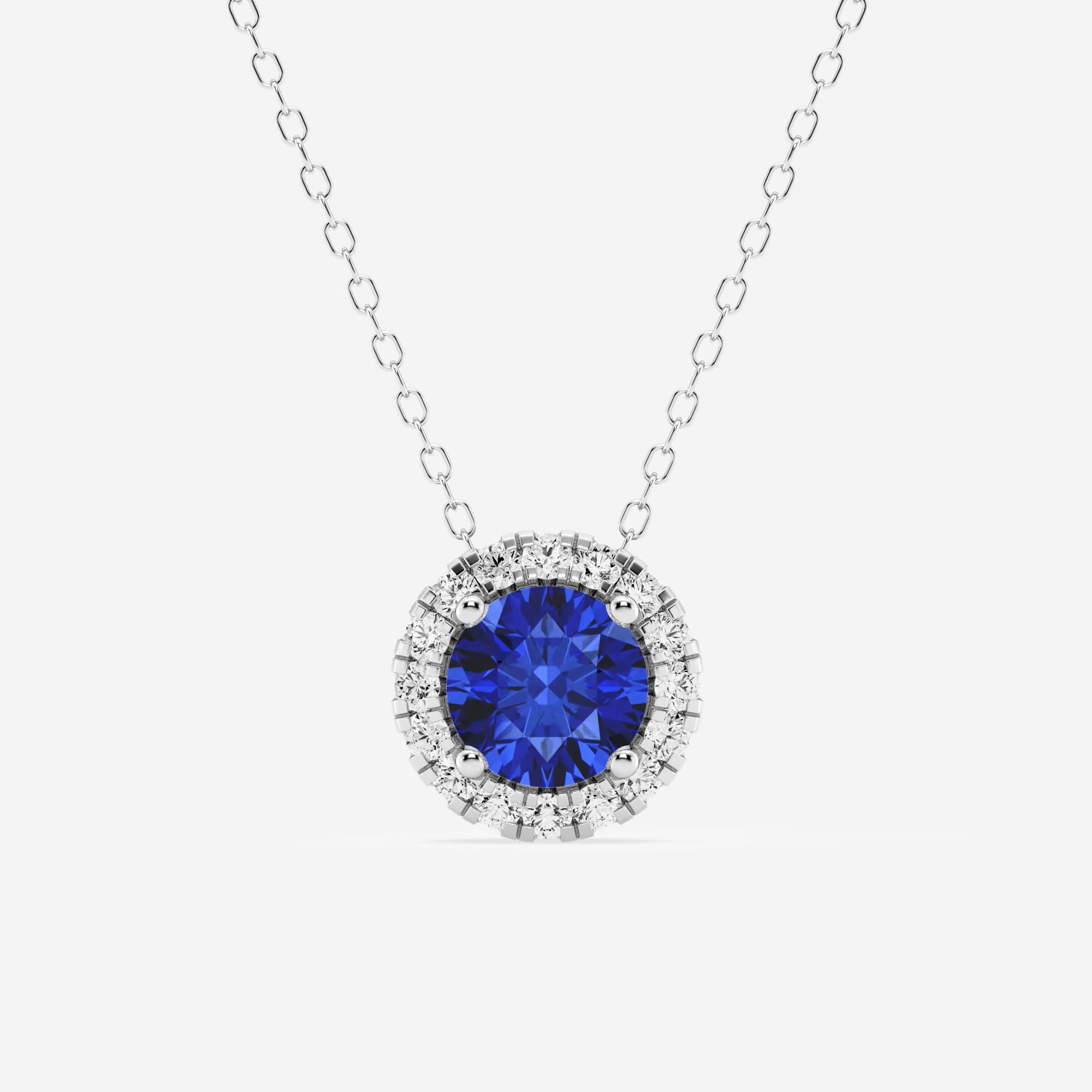 product video for 6.5 mm Round Created Sapphire and 1/5 ctw Round Lab Grown Diamond Halo Pendant with Adjustable Chain