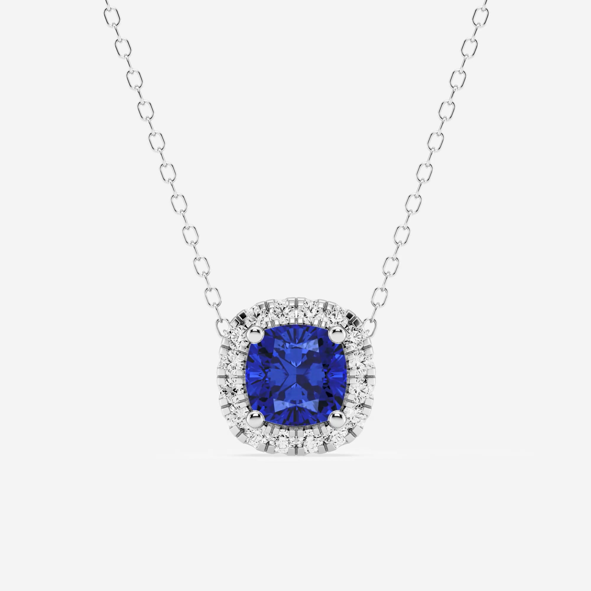product video for 5.7x5.5 mm Cushion Cut Created Sapphire and 1/5 ctw Round Lab Grown Diamond Halo Pendant with Adjustable Chain
