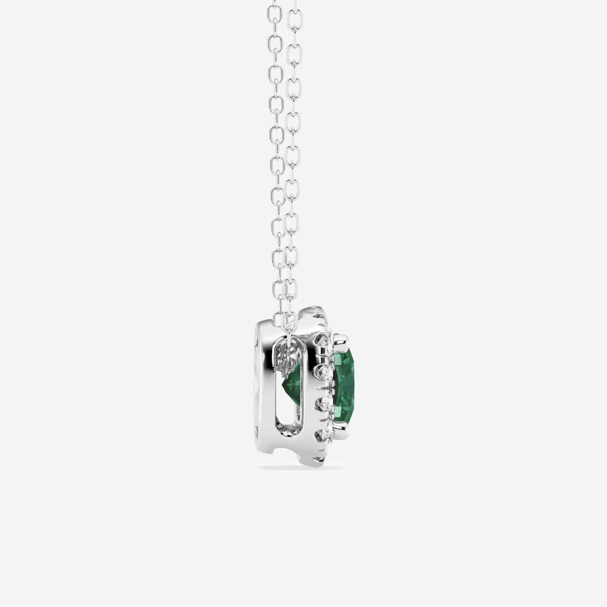 product video for 5.7x5.5 mm Cushion Cut Created Emerald and 1/5 ctw Round Lab Grown Diamond Halo Pendant with Adjustable Chain