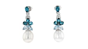 8.5-9mm Cultured Pearl and 2.30 ct. t.w. London, Sky Blue and White Topaz Drop Earrings in Sterling Silver